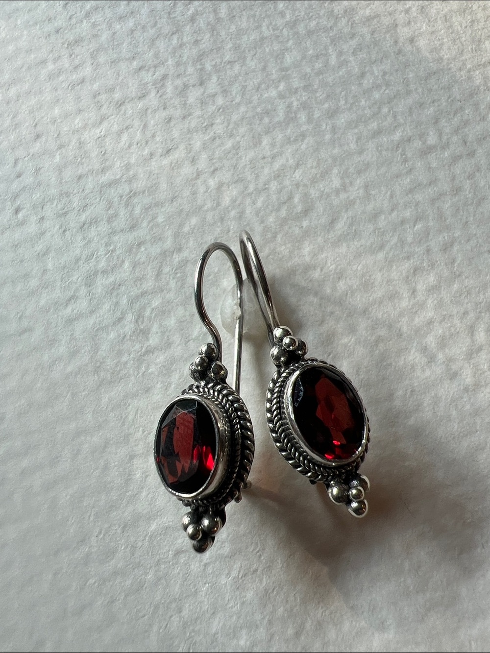 Sterling Silver Earrings with Deep Red Faceted Stones